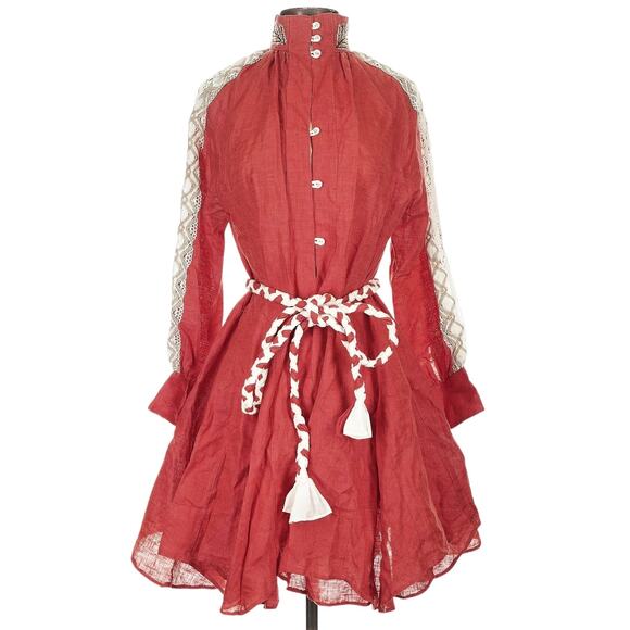 HILOS DE SOL Dalia Mexican embroidered linen lace belted red dress Size S M NEW - Picture 9 of 9